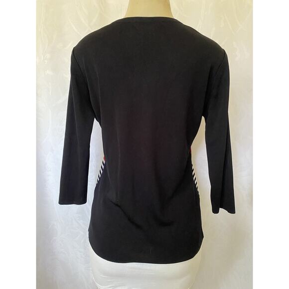 Exclusively Misook Top Sweater 3/4 Sleeve Knit Black Red White Striped V… - Picture 5 of 6